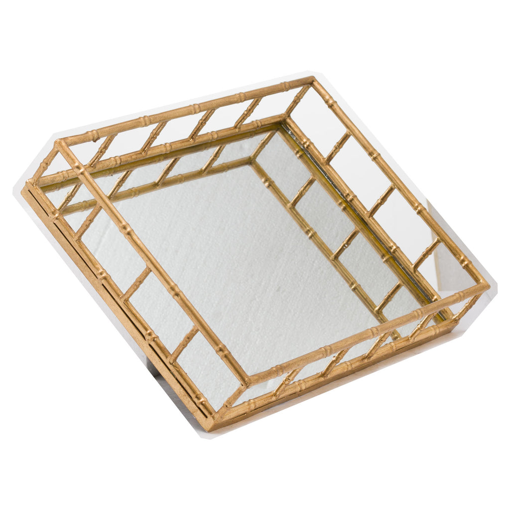 Set Of 2 Bamboo Detailed Gold Gilt Rectangular Trays