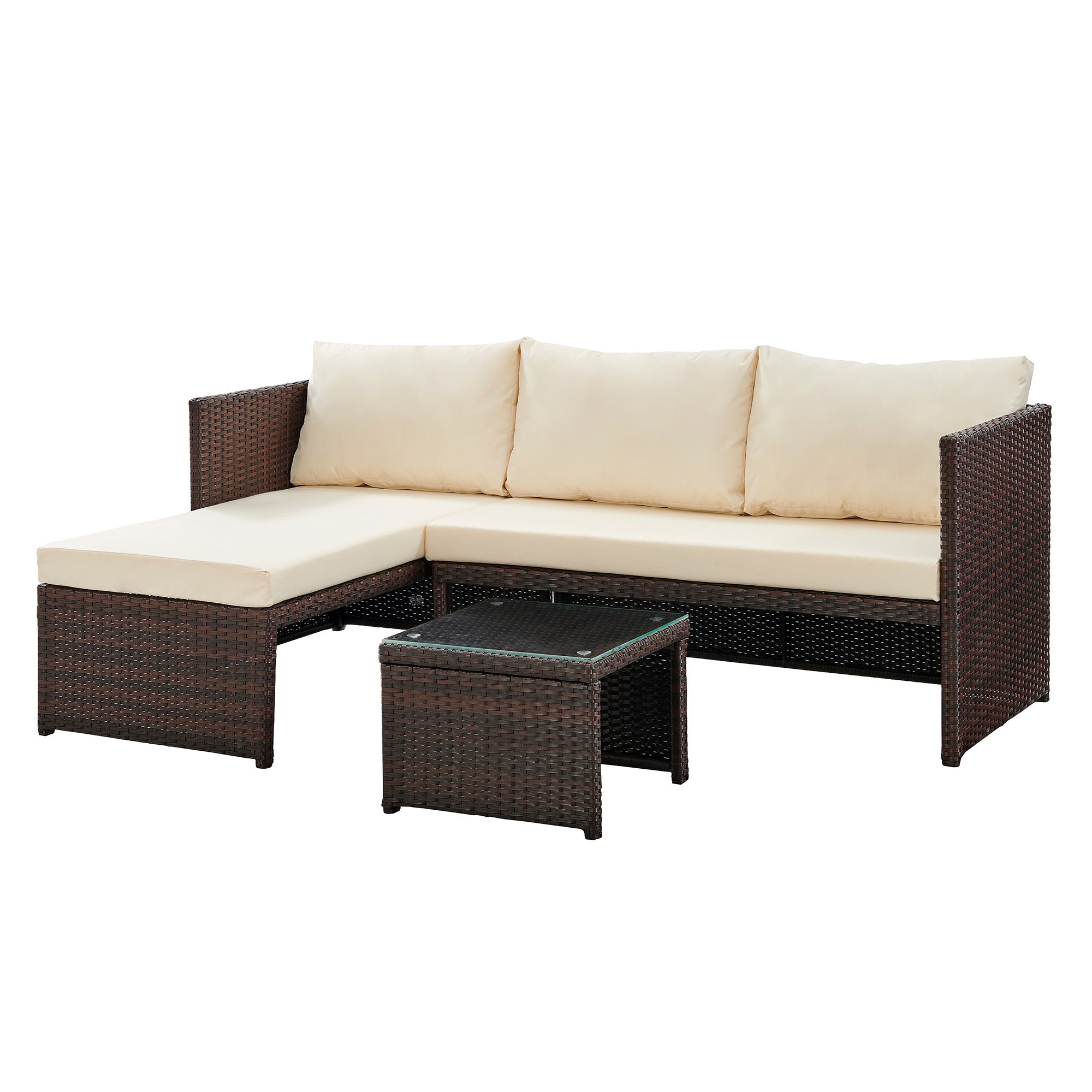 Left Hand Facing Outdoor Brown Rattan Corner Sofa with Coffee Table and Cream Cushions