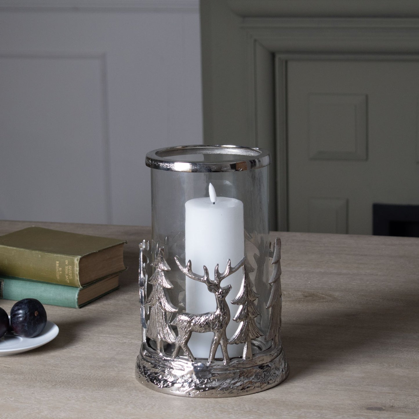 Large Silver Stag Scene Hurricane Lantern