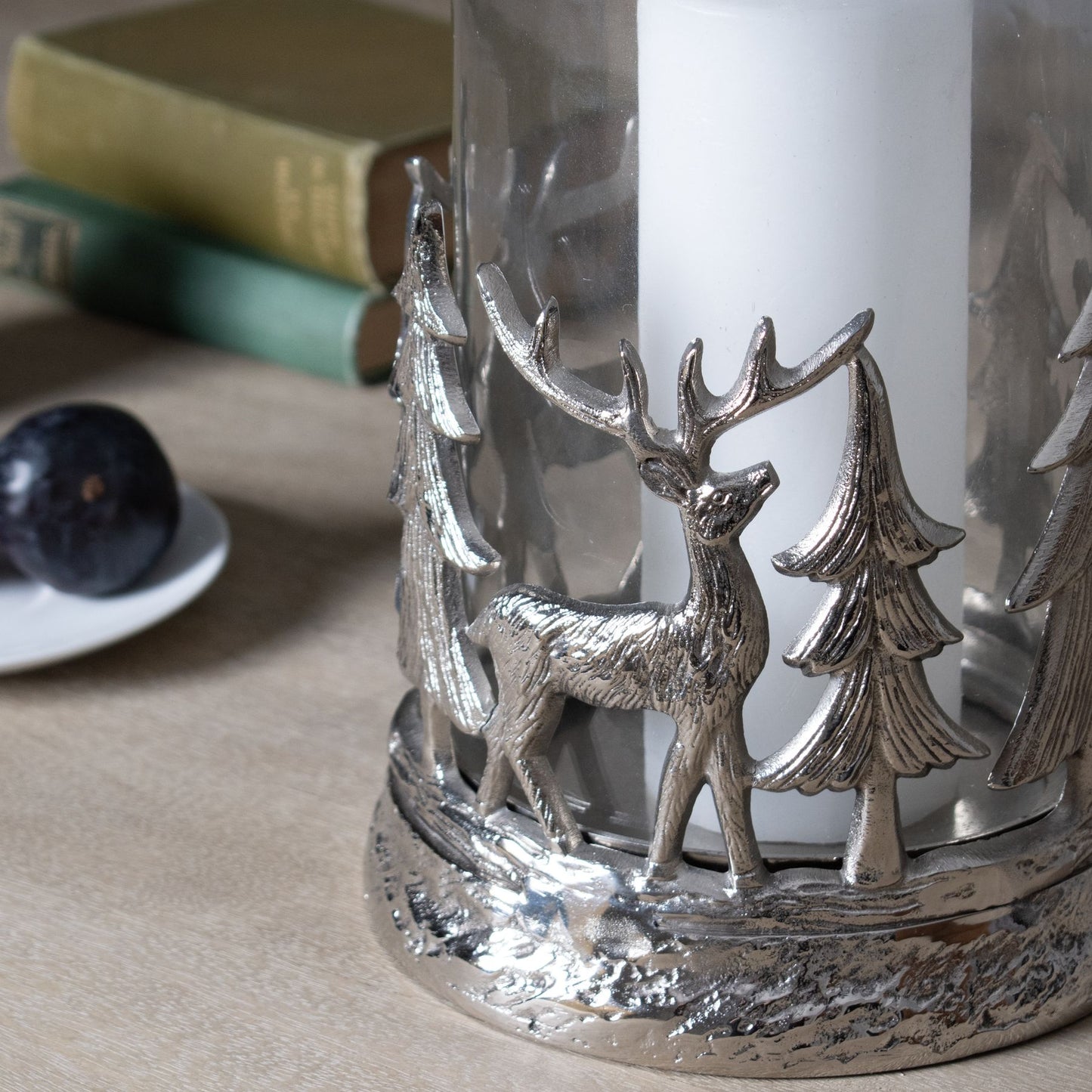 Large Silver Stag Scene Hurricane Lantern