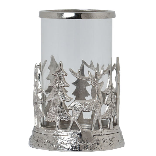 Large Silver Stag Scene Hurricane Lantern