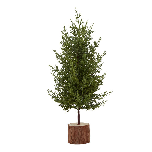 40CM High Small Green Fir Tree In Wood Log