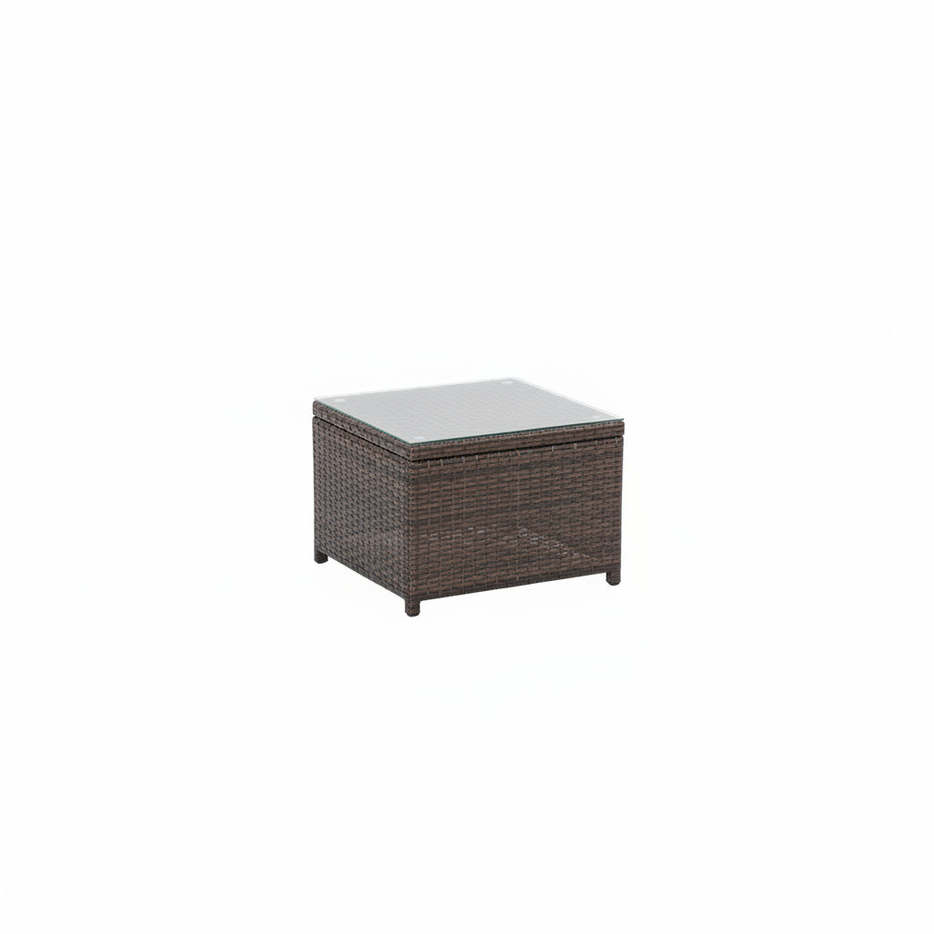 Left Hand Facing Outdoor Brown Rattan Corner Sofa with Coffee Table and Cream Cushions