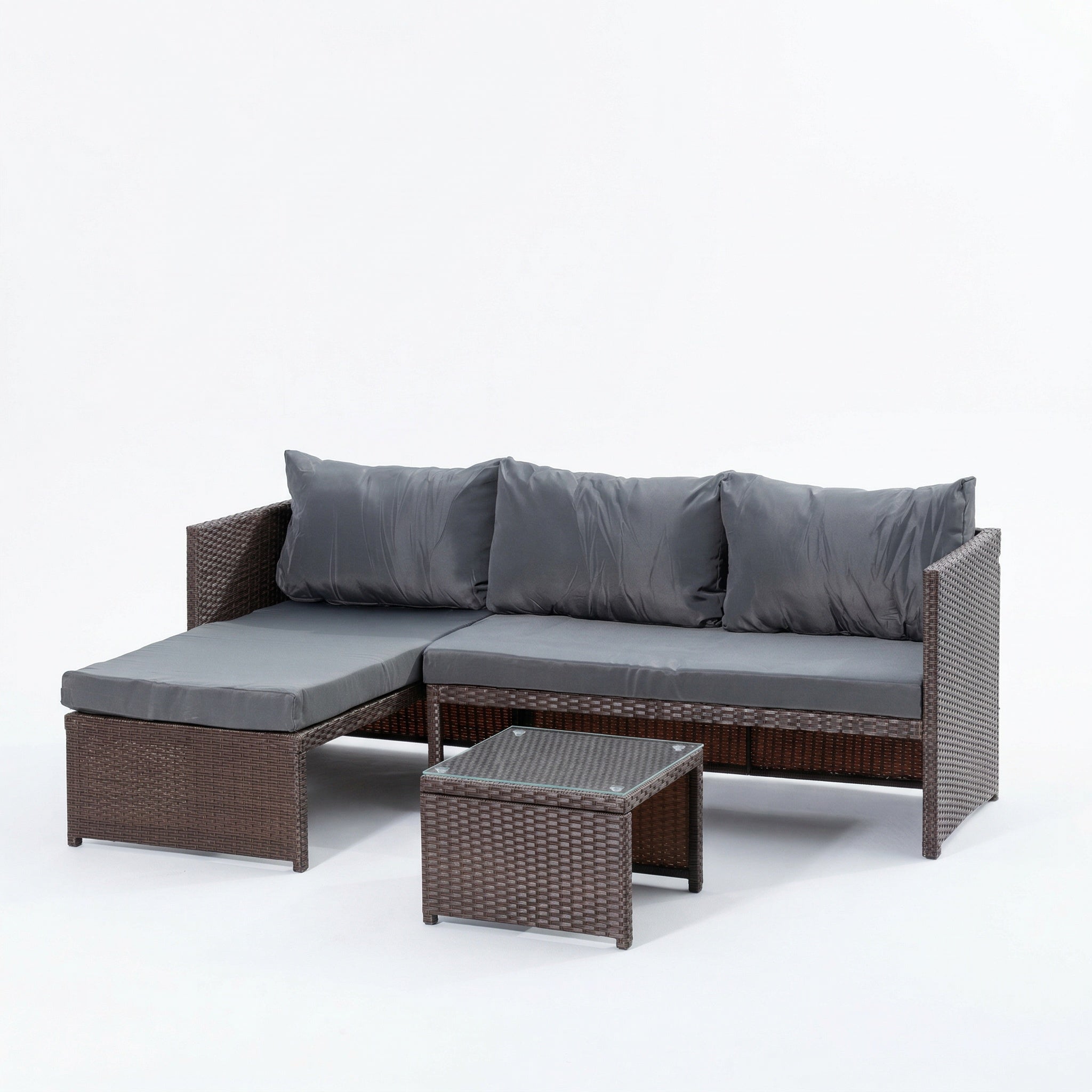 Left Hand Facing Outdoor Brown Rattan Corner Sofa with Coffee Table and Grey Cushions
