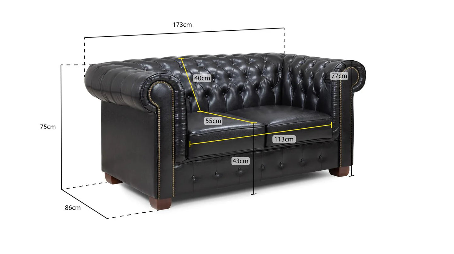 2 Seater Black Leather Chesterfield Sofa