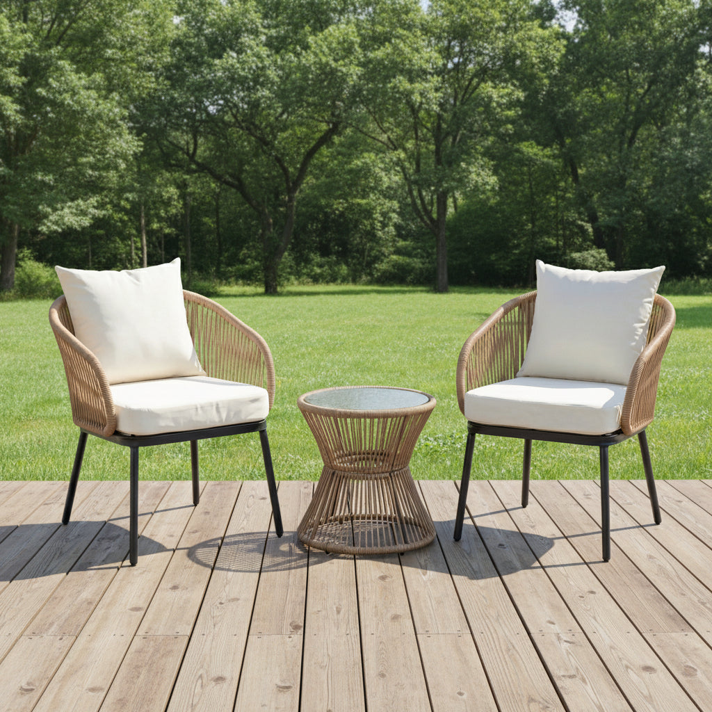 3 Piece Patio Set - 2 x Chairs + Table PE Wicker + Metal 2 x Chairs + Table. Available in 2 colours.
