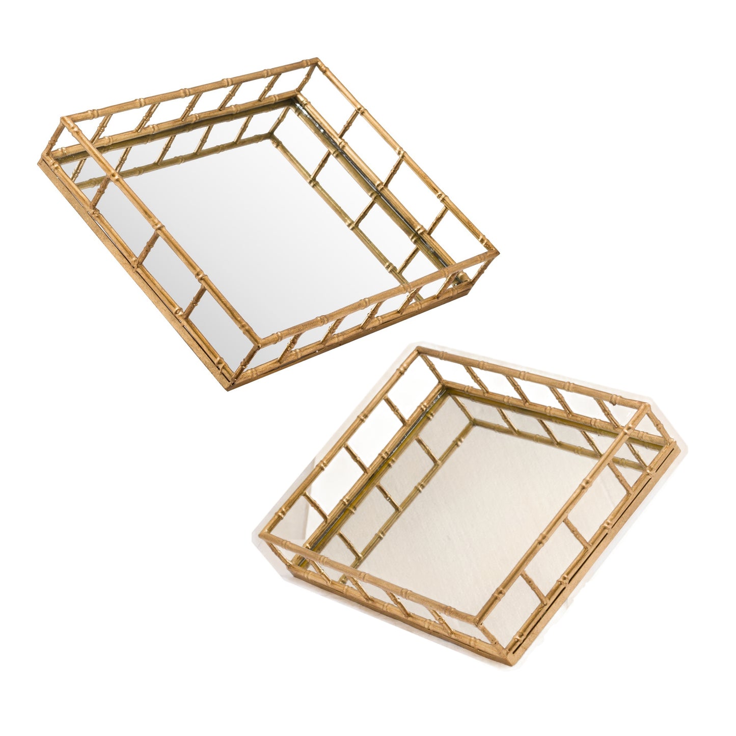 Set Of 2 Bamboo Detailed Gold Gilt Rectangular Trays