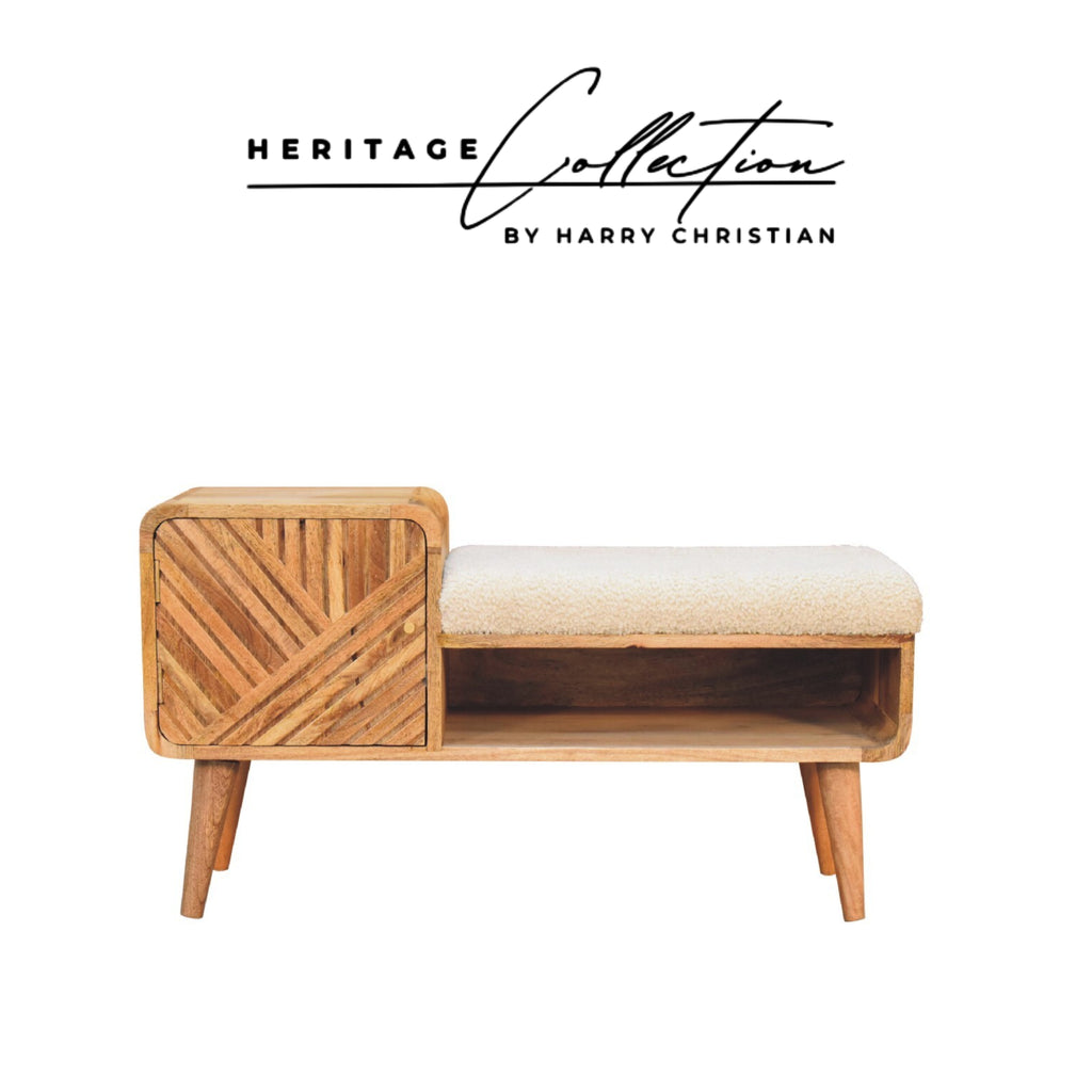 Heritage Collection Carved Telephone Hallway Bench Boucle Upholstery