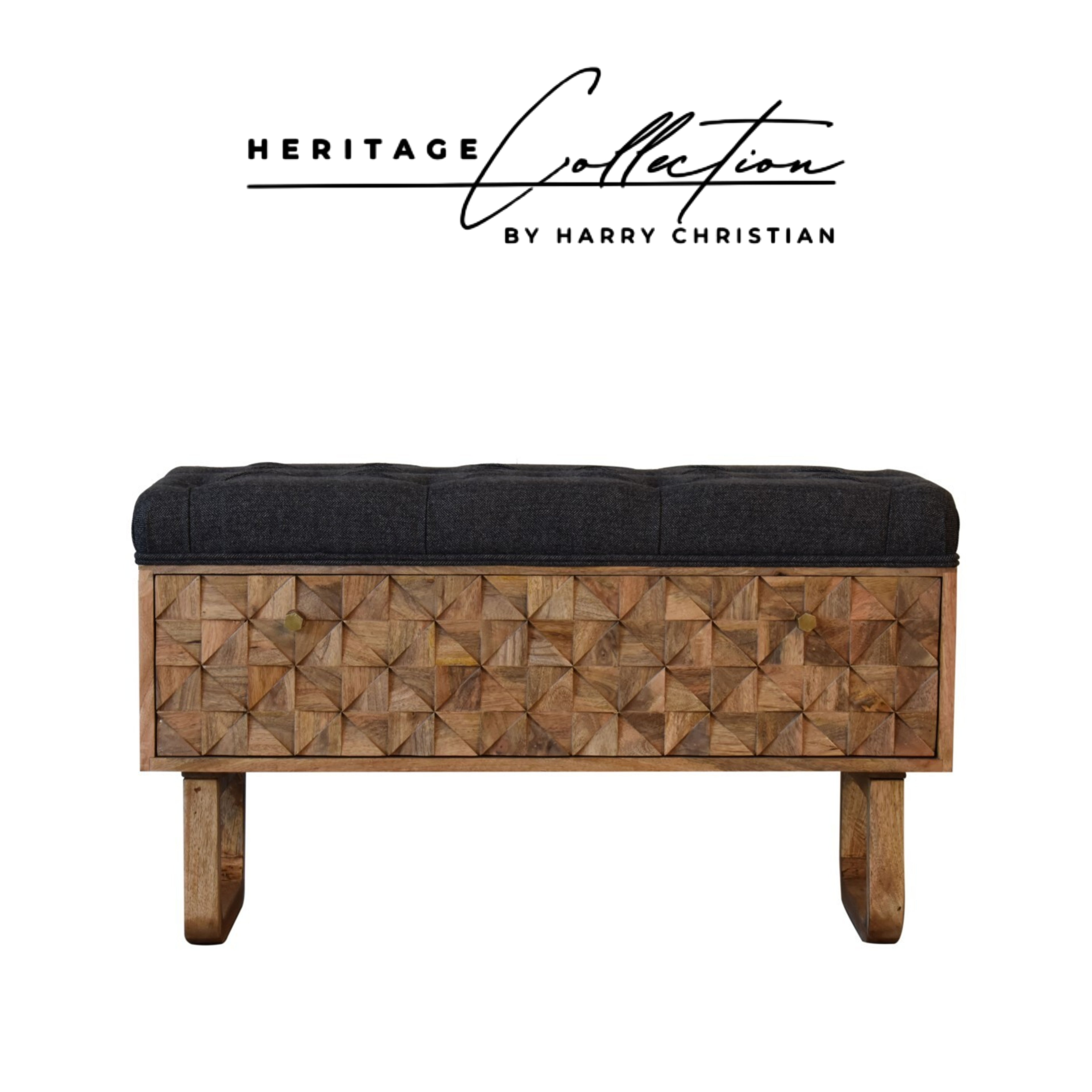Heritage Collection Diamond Hand Carved Hallway Storage Bench Black Tweed Upholstery