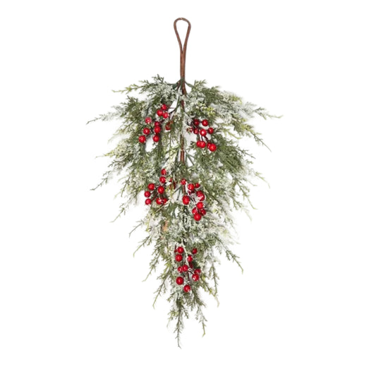 61cm Snow Red Berry & Cypress Pine Teardrop