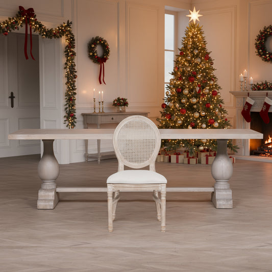 Blanche Wood Rustic Washed Rectangular Dining Table 210cm With 6 Louis Chairs