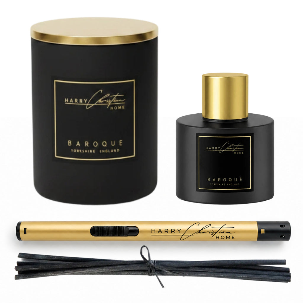 Baroque Honeysuckle Candle, Reed Diffuser and Candle Lighter Black & Gold Bow Gift Box