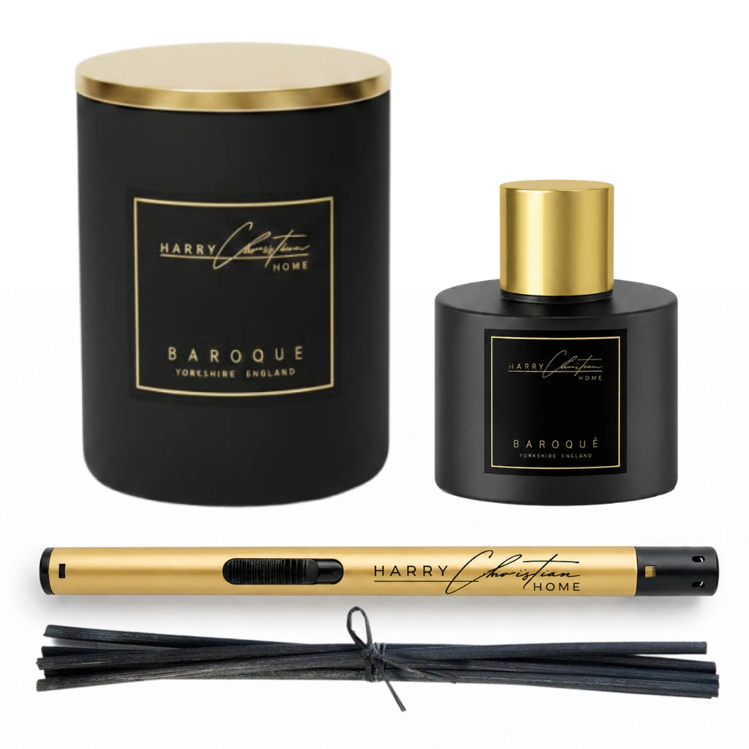Baroque Honeysuckle Candle, Reed Diffuser and Candle Lighter Black & Gold Bow Gift Box