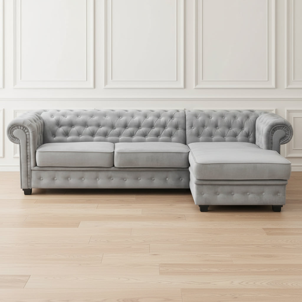 Imperial Chesterfield Corner Sofa (2C1)
A corner Chesterfield sofa is available in left- or right-hand facing. Light grey plush upholstery or dark grey plush upholstery button-tufted Chesterfield design with scrolled arms. 
Imperial fabric corner sofa suite produced in high quality and durable fabric. Those sofas are made with a quality hardwood frame that has been kiln-dried, glued and reinforced. The seats have well-filled foam cushions. Seat Covers are Removable / All Materials Used Comply with British F