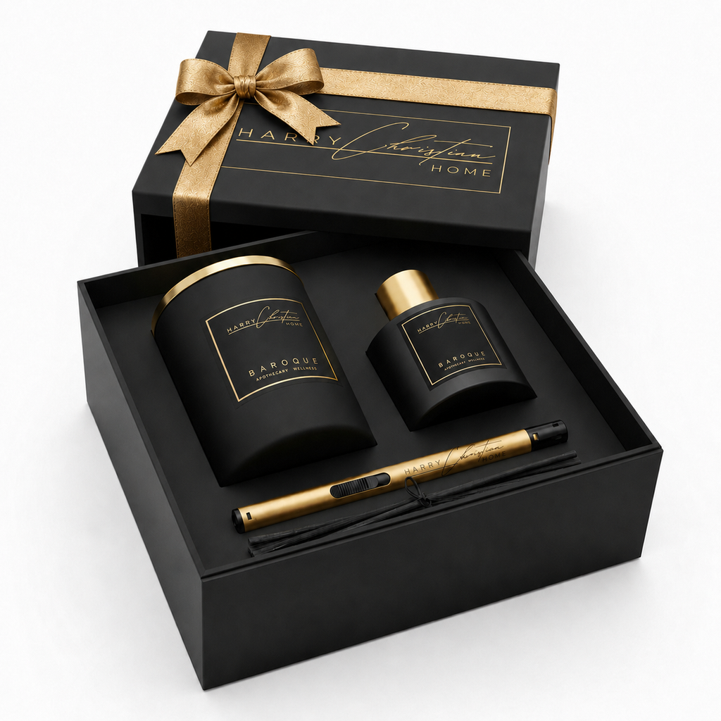 Baroque Honeysuckle Candle, Reed Diffuser and Candle Lighter Black & Gold Bow Gift Box