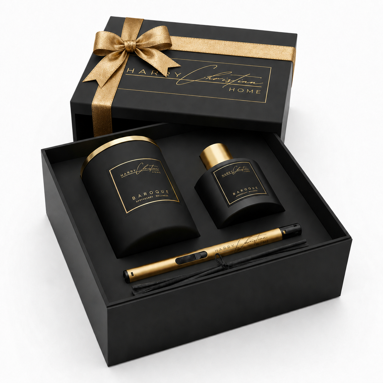 Baroque Honeysuckle Candle, Reed Diffuser and Candle Lighter Black & Gold Bow Gift Box
