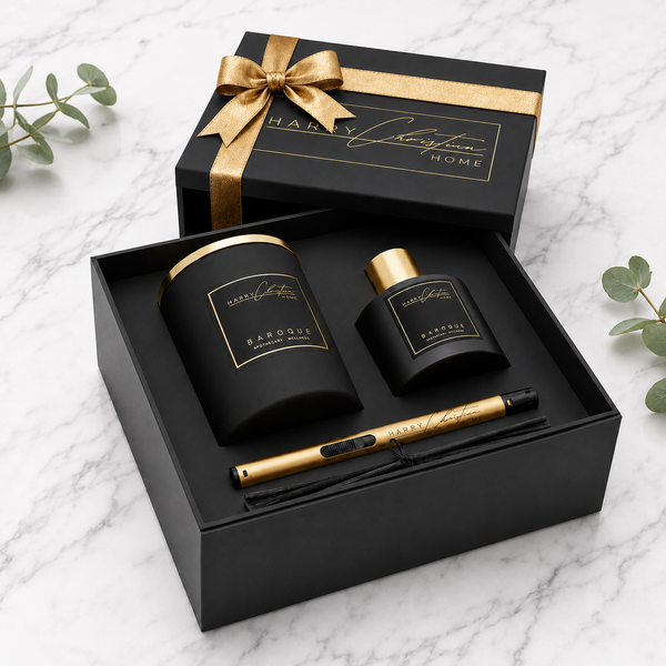 BAROQUE BLACK AND GOLD HONEYSUCKLE CANDLE AND REED DIFFUSER GIFT SET WITH LIGHTER. HARRY CHRISTIAN HOME BAROQUE. 