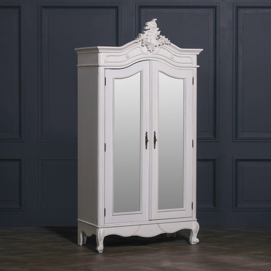 French Style White Carved Double Full Mirrored Armoire