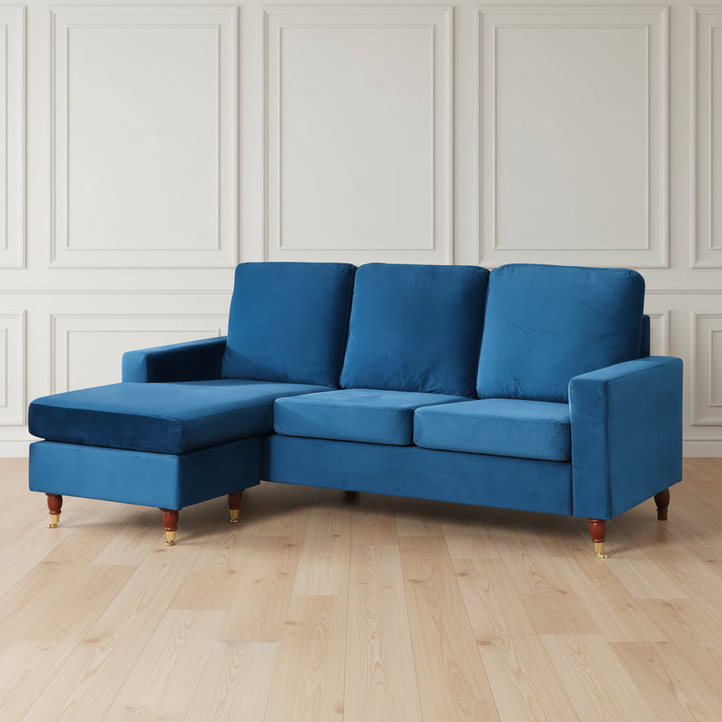 BLUE VELVET UNIVERSAL CORNER SOFA | Heritage Home UK | FREE DELIVERY ON ALL SOFAS AND ARMCHAIRS.