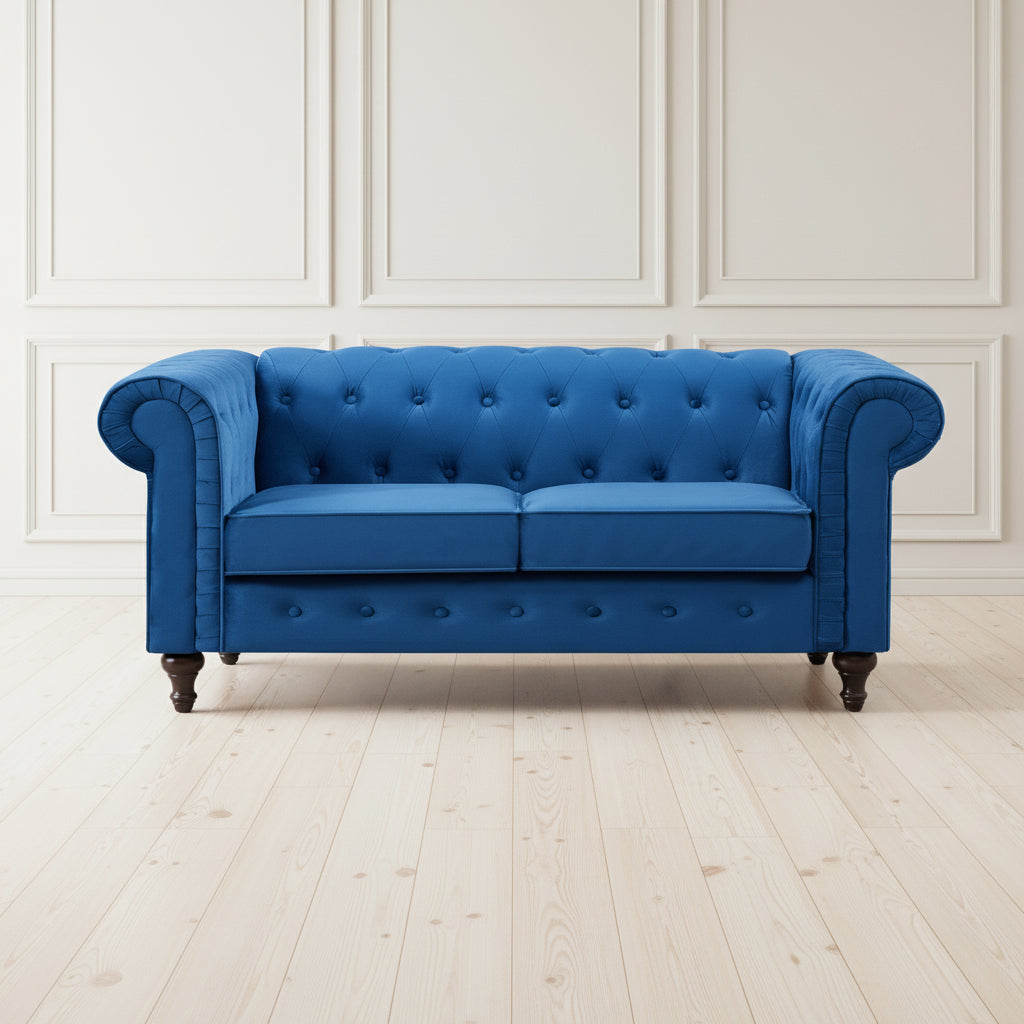BLUE VELVET UPHOLSTERED 2 SEATER CHESTERFIELD