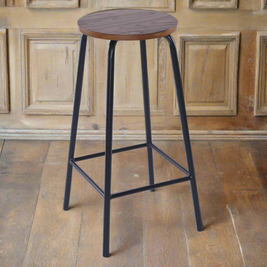 Bar Stool Dark Wooden Seat and industrial metal legs Heritage Home UK