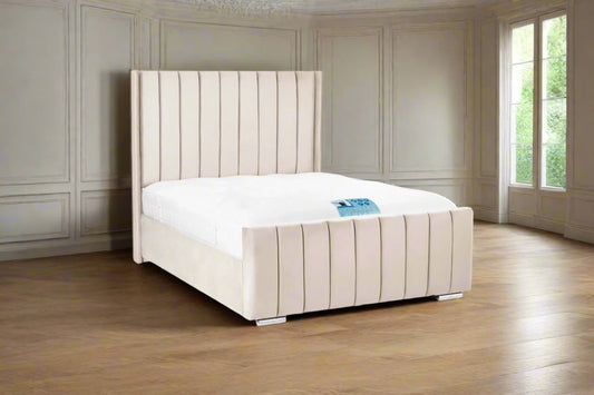 Beige plush velvet kingsize bed with chrome feet heritage home uk