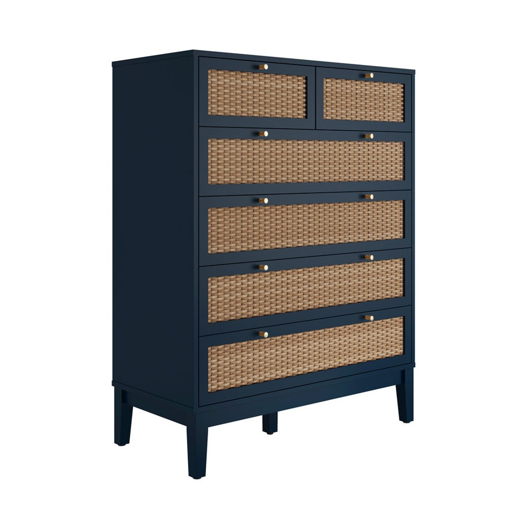 Harry Christian Home Blue and Rattan Chest Of Drawers