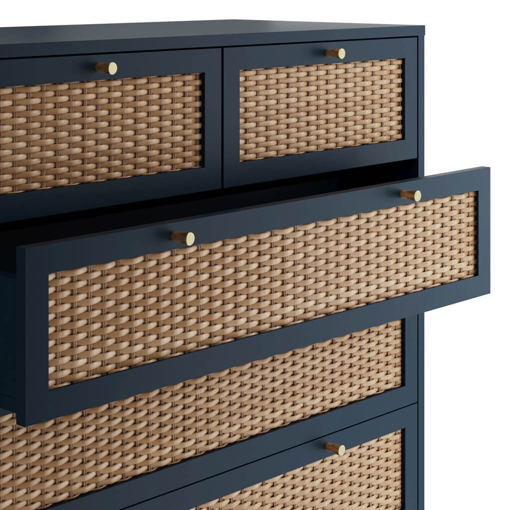 Harry Christian Home Blue and Rattan Chest Of Drawers