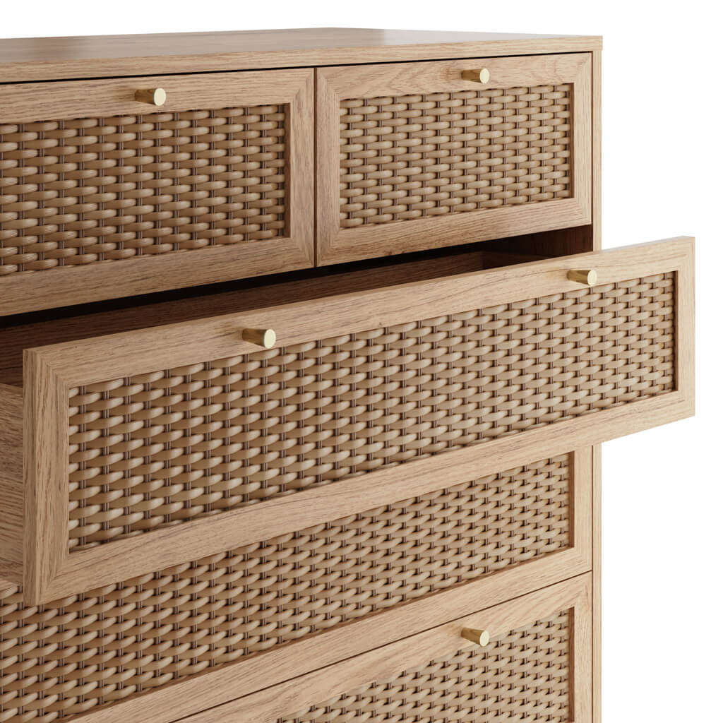 Harry Christian Home Oak & Rattan Chest Of Drawers