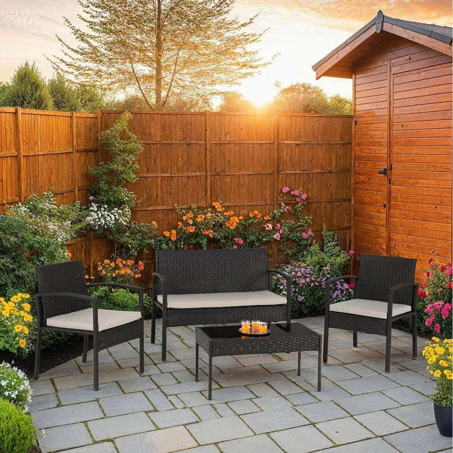 Cedar 4pc Garden Set - Black | Black Rattan Garden Furniture Sey, The Range, B&Q, Tesco. We are the lowest price in the united kingdom at only £109.99. 4 Piece Black Rattan Garden Furniture Set. Black Rattan Garden Armchair, Black Rattan Garden Sofa, Black Rattan Garden Coffee Table. 