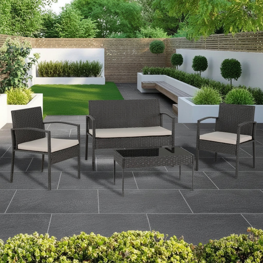 £109.99 CEDAR 4 PIECE GARDEN SET IN BLACK BY SECONIQUE. ALSO SOLD AT TESCO, THE RANGE, B&Q AND WILKO - OUR PRICE £109.99 - LOWEST PRICE IN THE UNITED KINGDOM GUARANTEED. 
Cedar 4pc Garden Set - Black | Black Rattan Garden Furniture Sey, The Range, B&Q, Tesco. We are the lowest price in the united kingdom at only £109.99. 4 Piece Black Rattan Garden Furniture Set. Black Rattan Garden Armchair, Black Rattan Garden Sofa, Black Rattan Garden Coffee Table. 