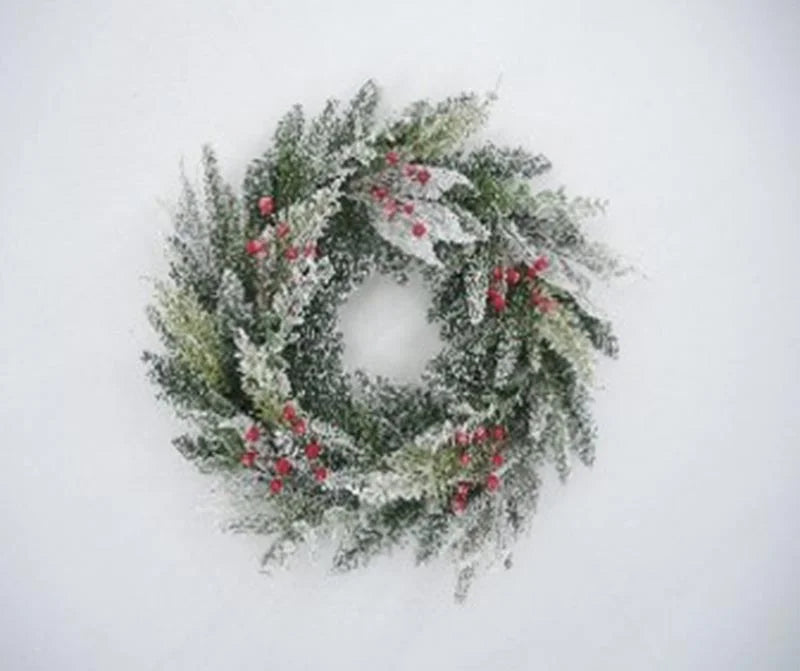 60cm Diara Frosted Wreath with 64 Tips & Berries & Snow
