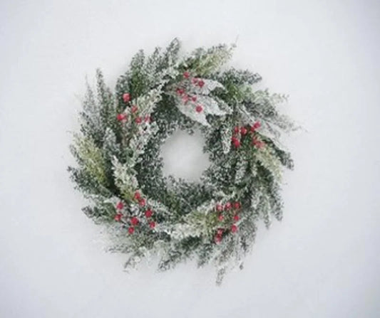 60cm Diara Frosted Wreath with 64 Tips & Berries & Snow