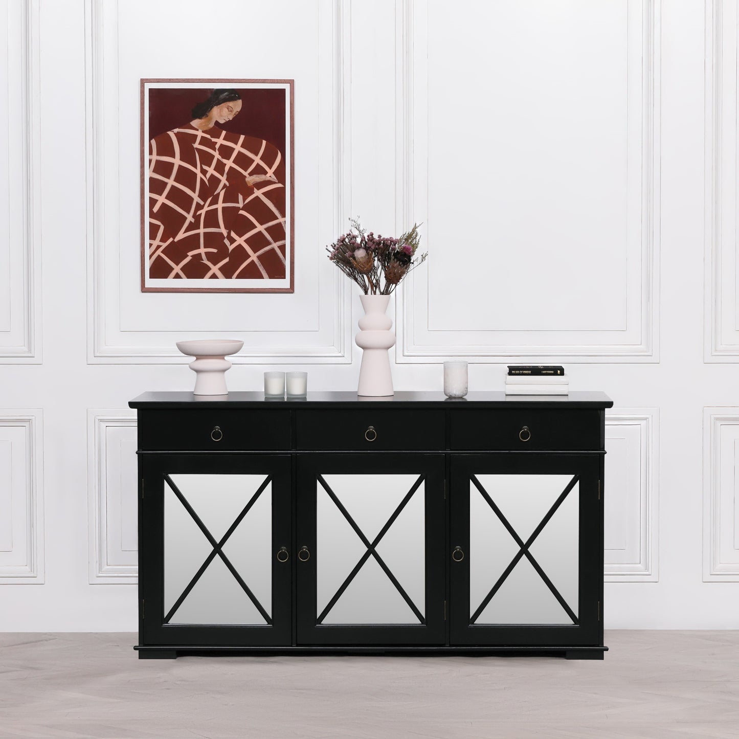 Black Oriental Sideboard with Mirrored Doors