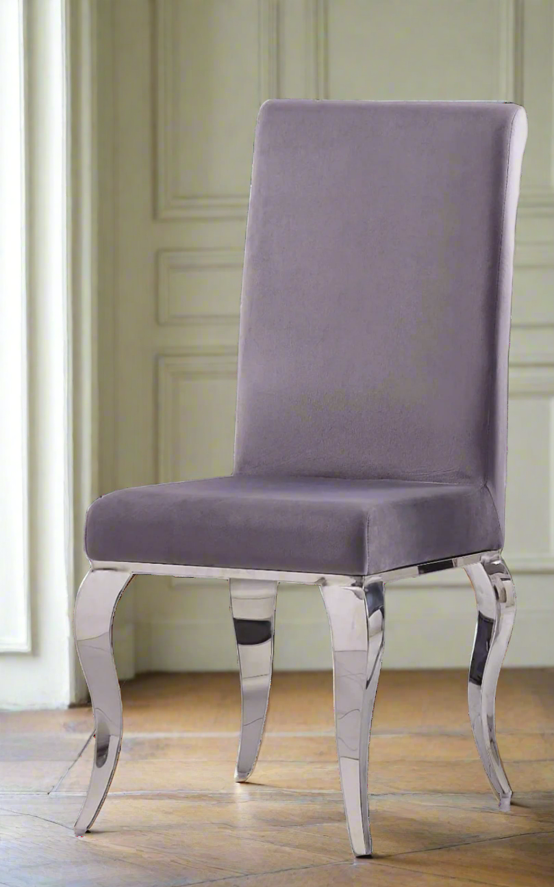 Carlton dining chair heritage home silver chrome steel legs and grey velvet dining chair