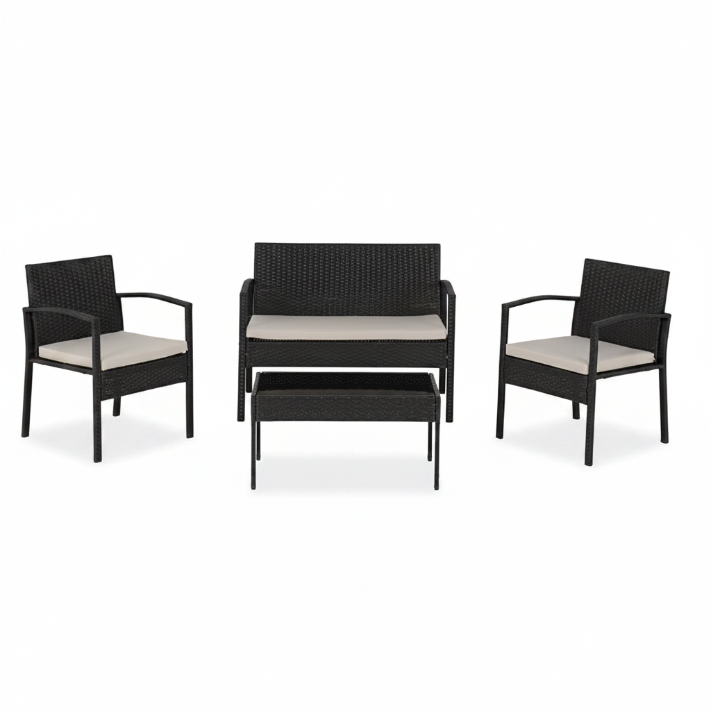 Cedar 4pc Garden Set - Black | Black Rattan Garden Furniture Sey, The Range, B&Q, Tesco. We are the lowest price in the united kingdom at only £109.99. 4 Piece Black Rattan Garden Furniture Set. Black Rattan Garden Armchair, Black Rattan Garden Sofa, Black Rattan Garden Coffee Table. 