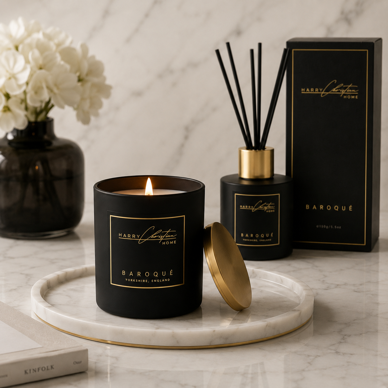 Baroque Honeysuckle Candle, Reed Diffuser and Candle Lighter Black & Gold Bow Gift Box