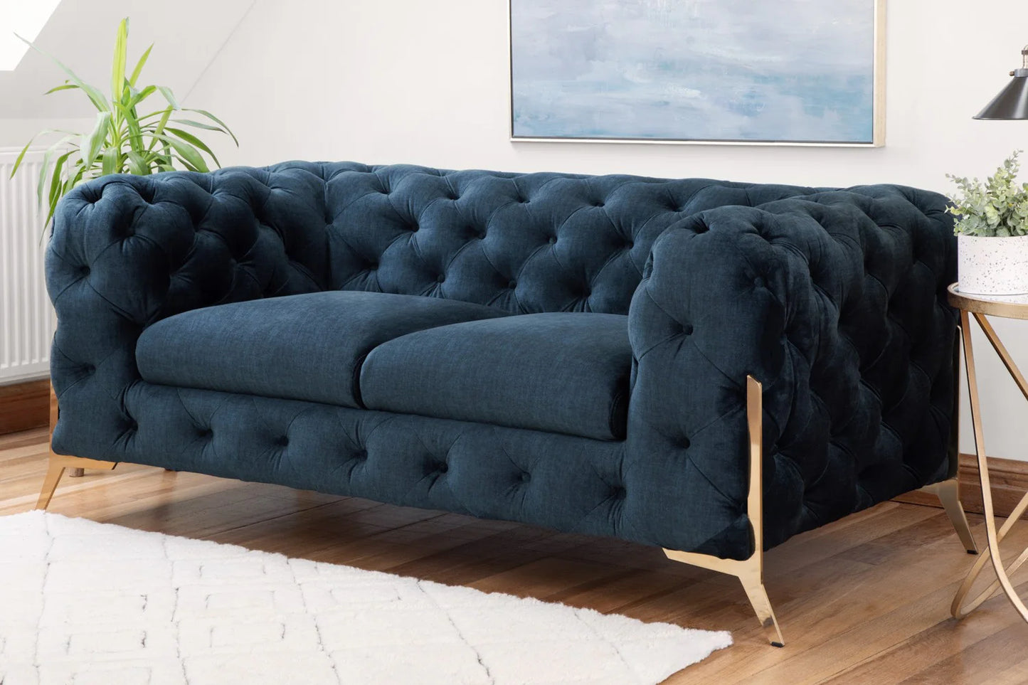 2 Seater Chelsea Sofa Deep Ocean Blue Plush Fabric