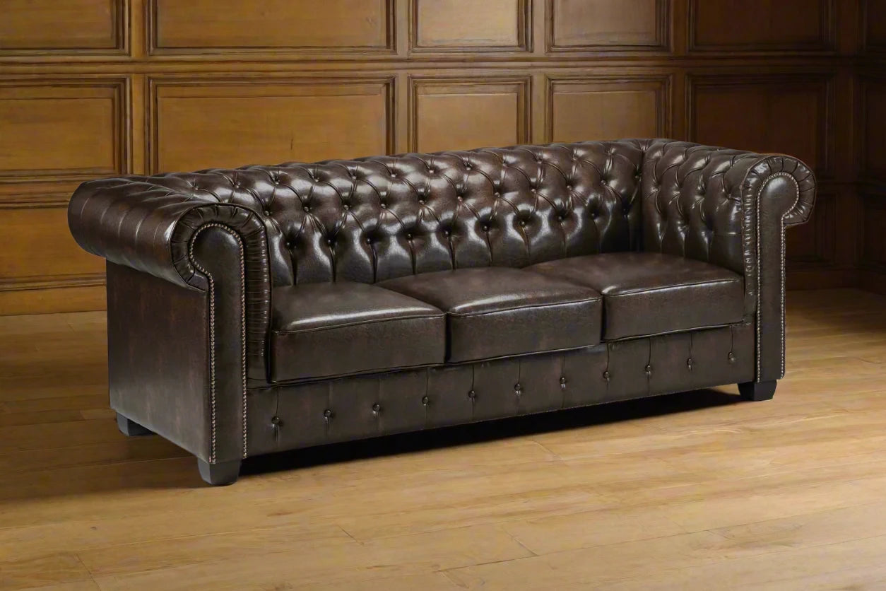 Brown Leather 3 Seater Chesterfield Available At Heritage Home UK