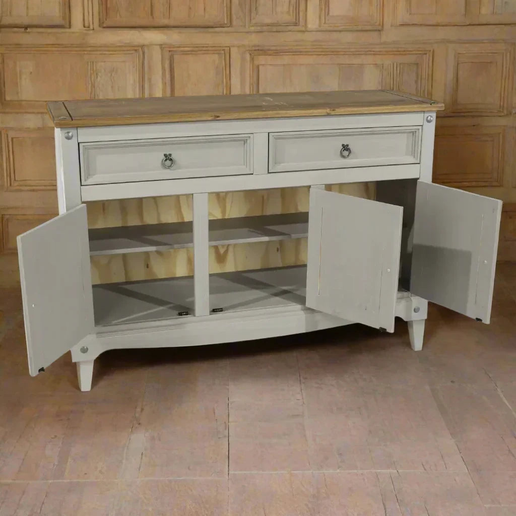 Cotswold Grey Sideboard 3 Door Drawers and Doors Open. Heritage Home.