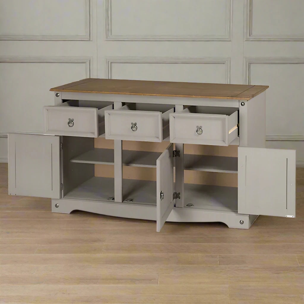 Cotswold Grey Sideboard Everything Open Side View Heritage Home