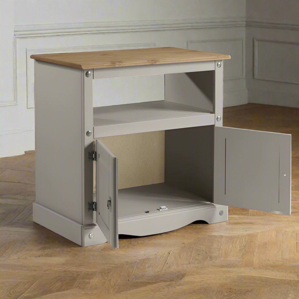 Cotswold heritage home tv unit doors open grey 