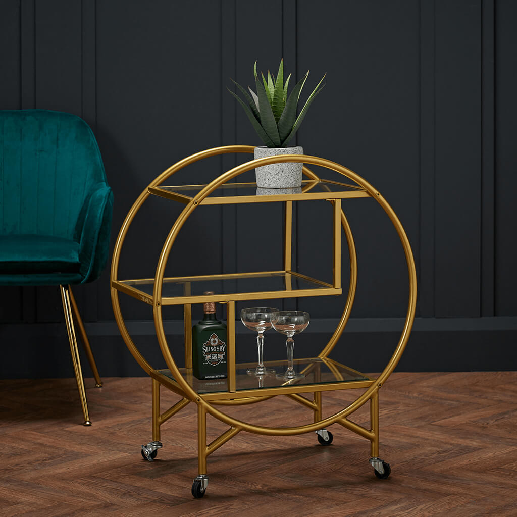 Harry Christian Home Art Deco Gold Circular Drinks Trolley