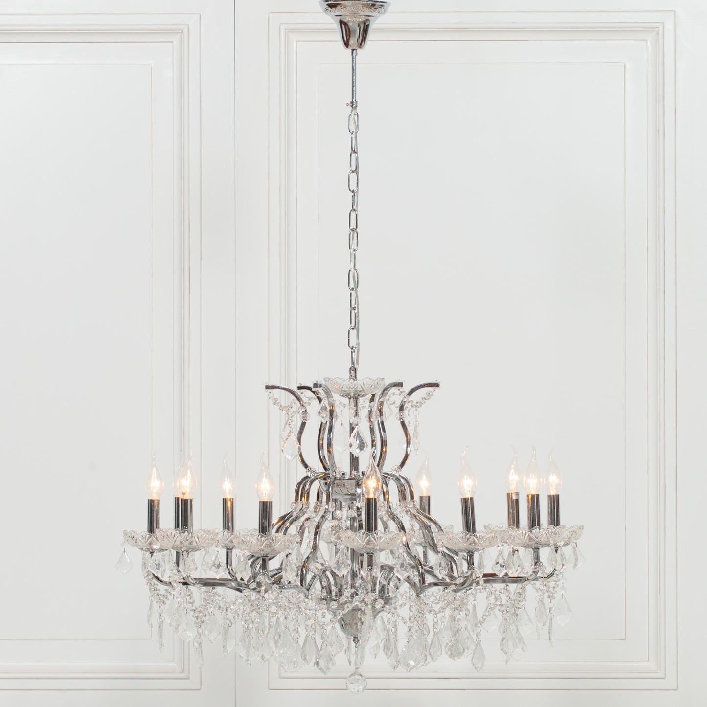 Chrome 12 Branch Shallow Cut Glass Chandelier