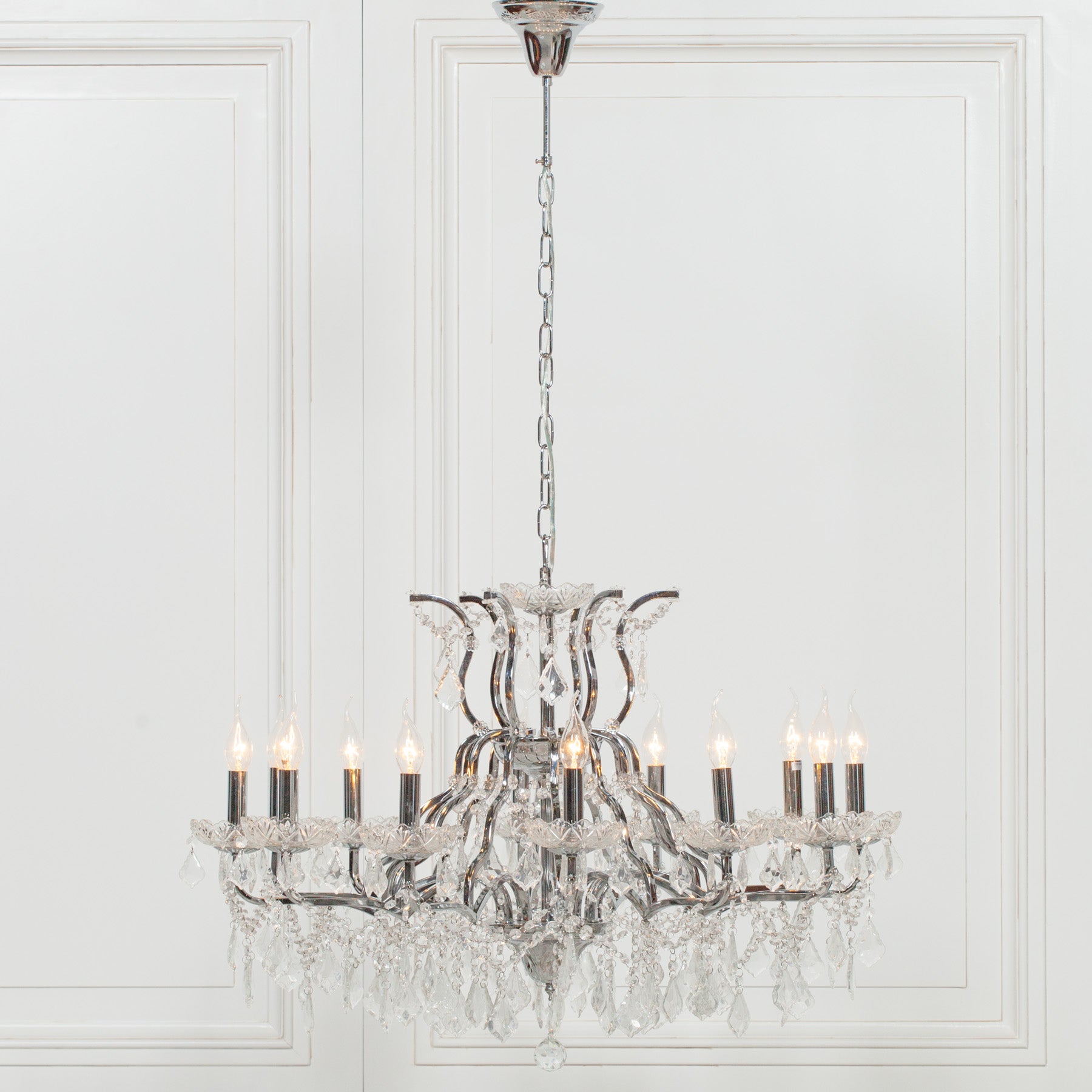 Chrome 12 Branch Shallow Cut Glass Chandelier