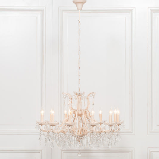 Cream 12 Branch Shallow Cut Glass Chandelier