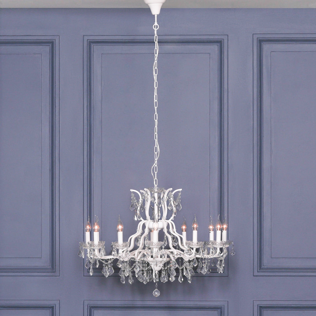 White 12 Branch Shallow Cut Glass Chandelier