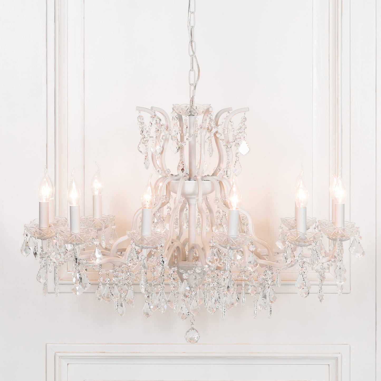 White 12 Branch Shallow Cut Glass Chandelier