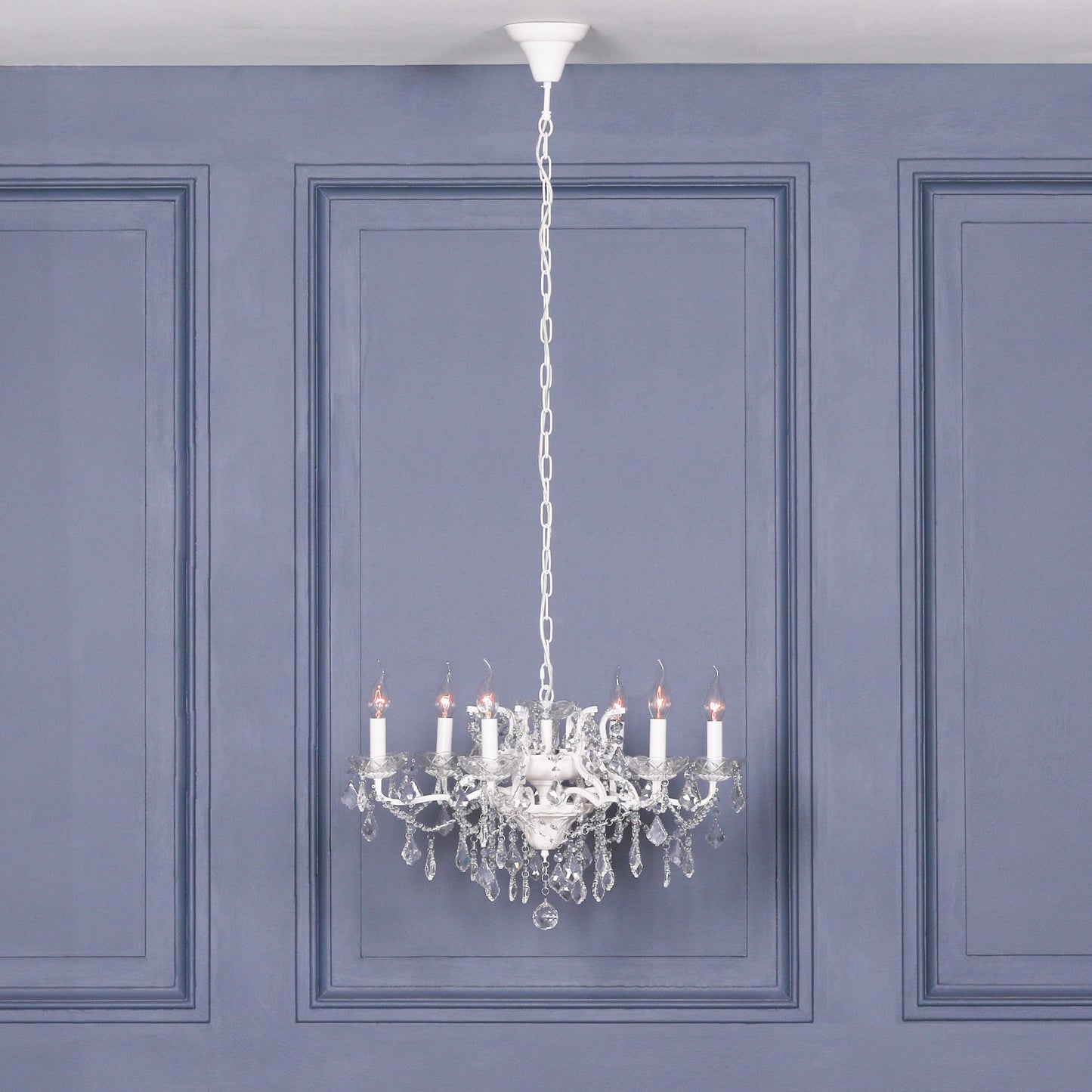 White 6 Branch Shallow Cut Glass Chandelier