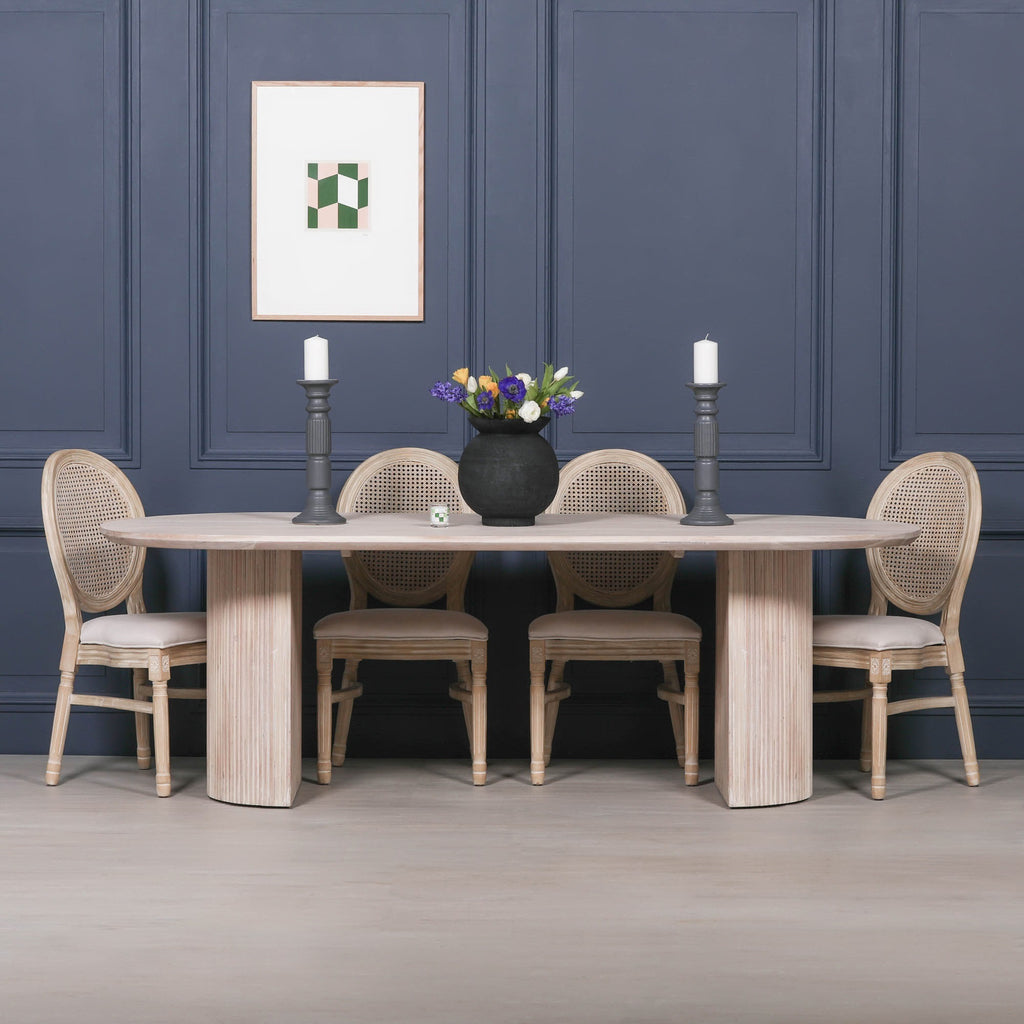 Blanche Acacia Fluted Oval Dining Table With 6 Louis Chairs